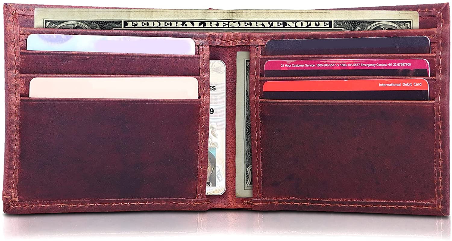 Raw Hyd Leather Trifold Wallets for Men w/Snap Closure (Brown) - Mens Chain Wallet w/ID Slot & Zipper Pocket – Full Grain Mens Brown Leather Wallet