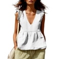 thumbnail image 2 of TGSLY Women's Linen Deep V-Neck Tank Tops Dressy Casual Ruffle Detail Solid Color Sleeveless Vest Lightweight Soft Elastic Waist Tshirts S, 2 of 7