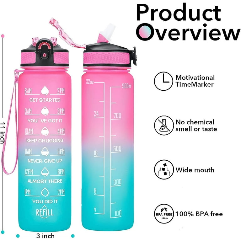 Hyeta 32 oz Water Bottles with Times to Drink and Straw, Motivational Water Bottle with Time Marker, Leakproof & BPA Free, Drinking Sports Water