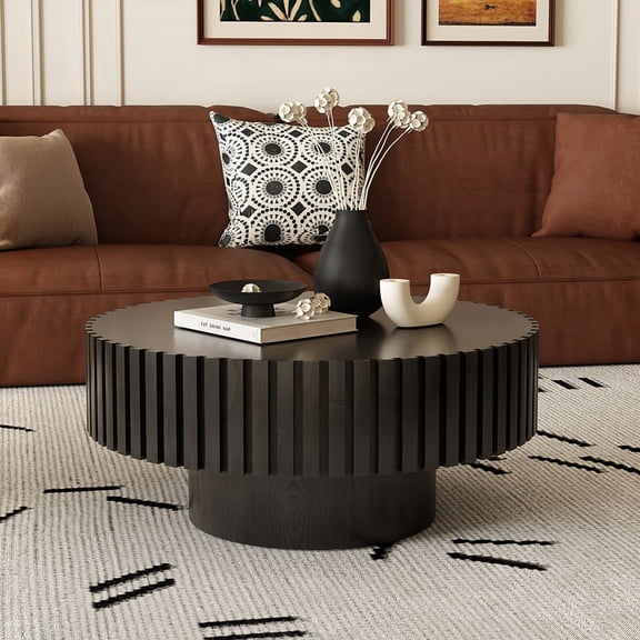 Handcrafted Round Wooden Coffee Table with Sturdy Pedestal and Olive-Shaped Design for Living Room