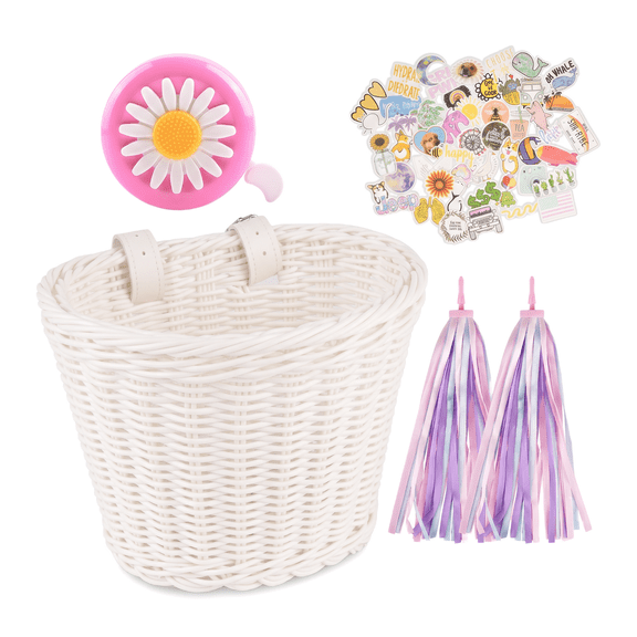 Bicycle Front Basket Handwoven for Kids & Adults, White Bike Handlebar Carrier Bag with Stickers, Ribbon & Bell