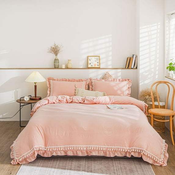 Move Over Pink Girls Bedding Sets Twin Beige Grey Tassel Ruffle Pattern Pink Duvet Cover Set Washed Microfiber No Filling