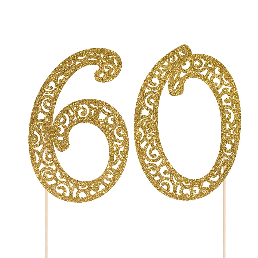 60 Cake Topper 60th Birthday Theme Glitter Gold