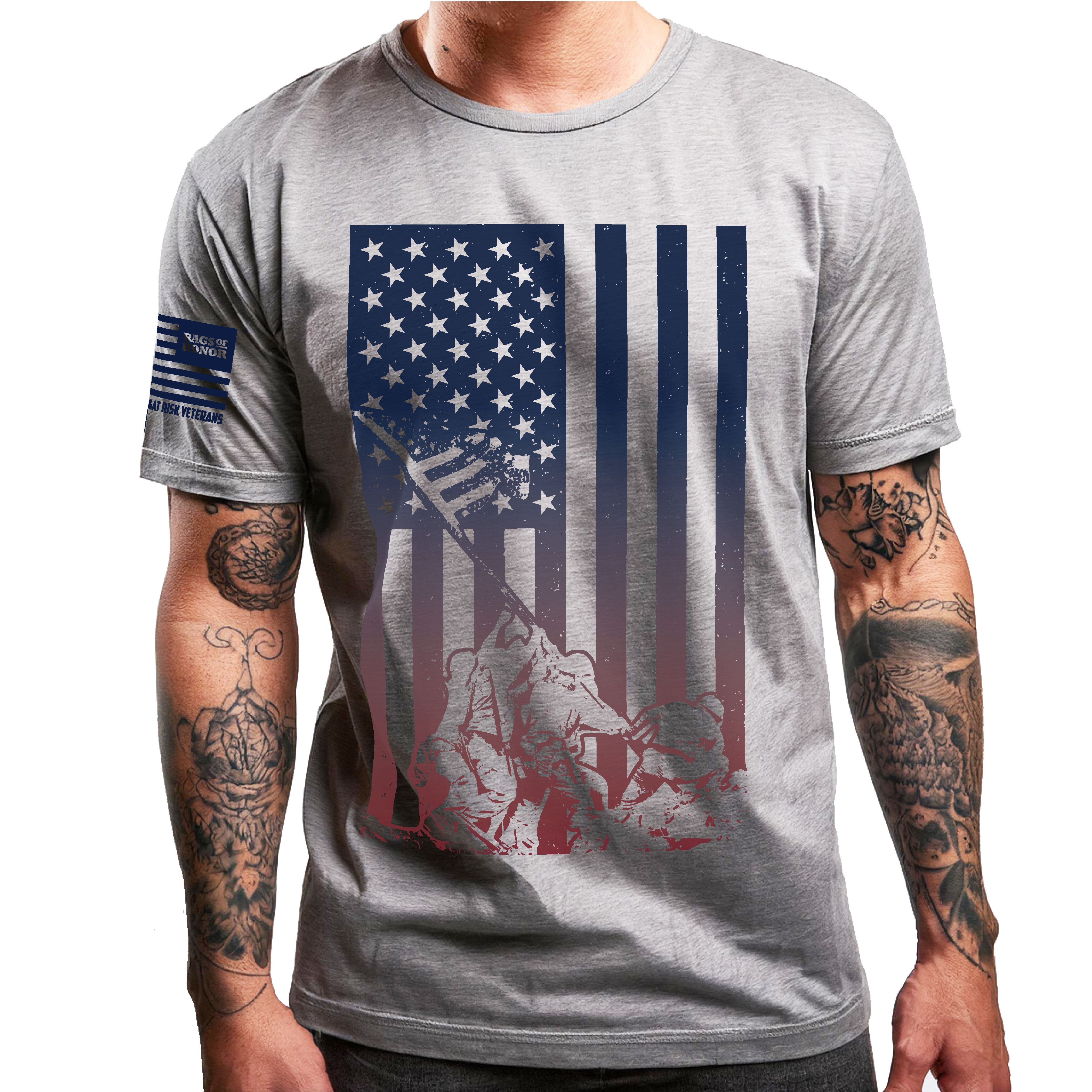 Rags of Honor All Gender Short Sleeve Patriotic Red, White and Blue Gradient Flag with Iwo Jima Soldiers Graphic Tee Shirt, Mens Sizes S-5XL