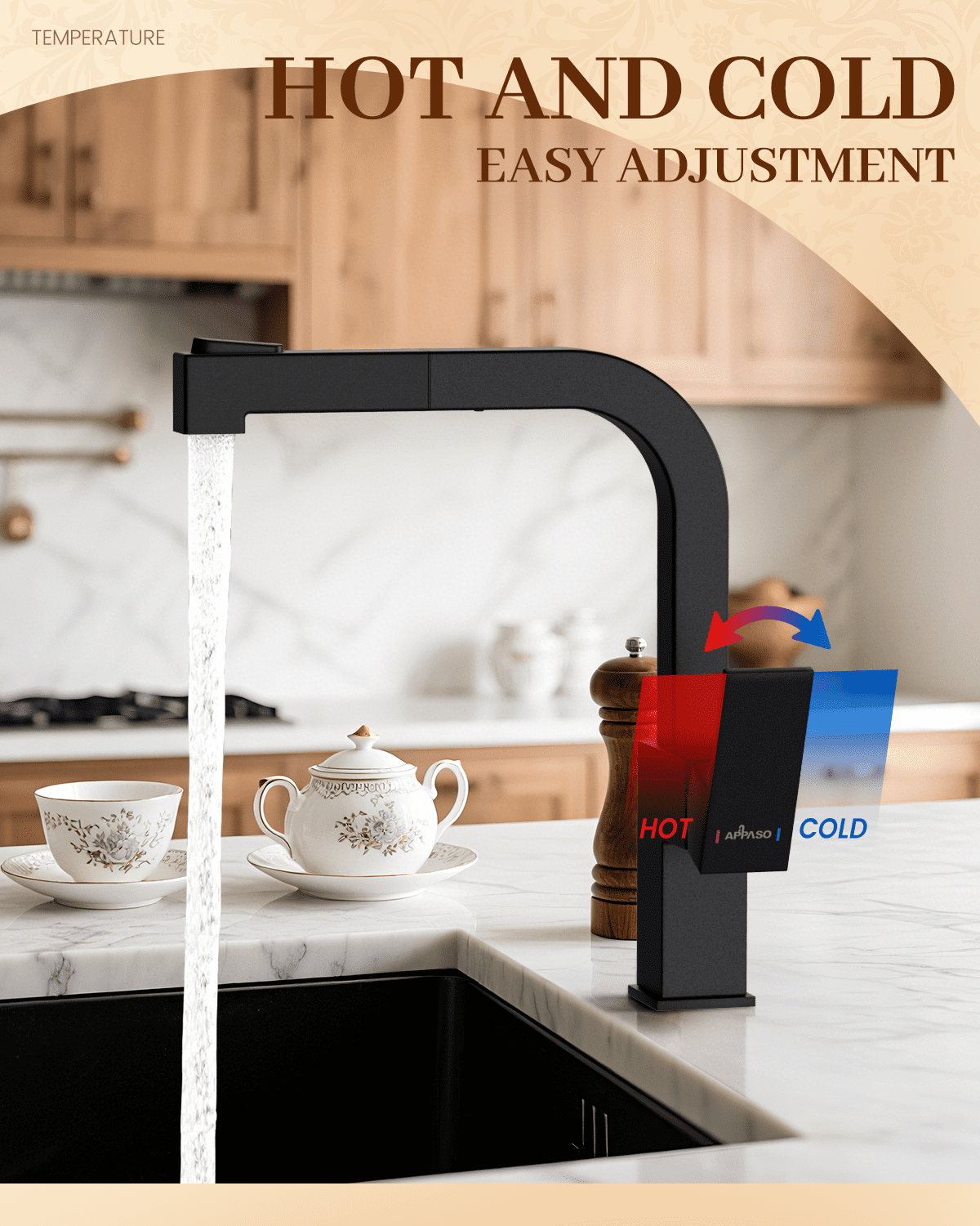 APPASO Square Kitchen Faucet Black, S304 Stainless Steel Modern Sink Faucets with Pull Out Sprayer 2 Modes