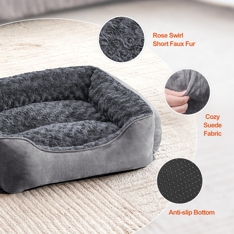 Rectangle Dog Bed for Large Medium Small Dogs, Soft Breathable Puppy & Pet Cuddler with Washable Sofa Bed, Durable Calming Dog Bed with Anti-Slip Bottom, Gray, 30"x24"x9"