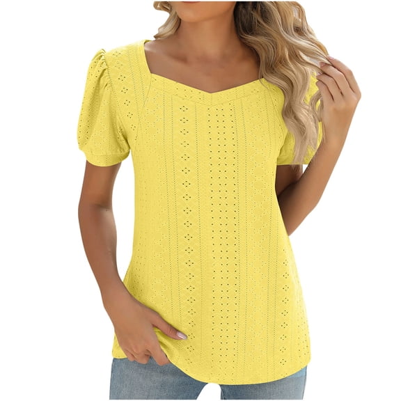 ZyeKqe Puff Short Sleeve Tops for Women Square Neck Dressy Casual Top Hollow out Work Shirts Blouses
