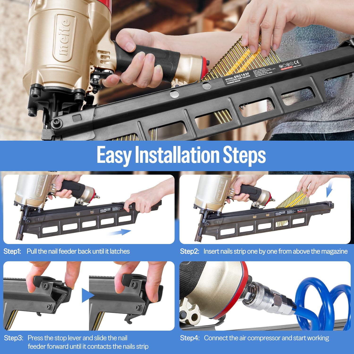 Meite SN2183F Pneumatic Framing Nailer 21 Degree 2" to 3-1/4" Length Plastic Plastic Collated Round Head Framing Nail Gun