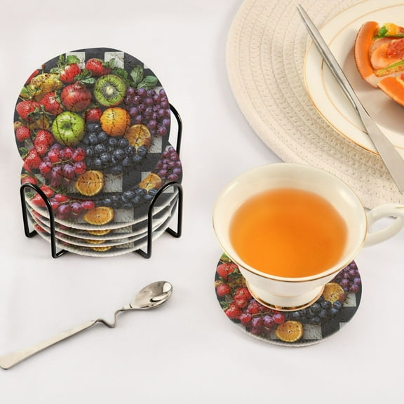 BZSMCE 6Pcs Drink Coasters With Holder 3.94Inch Fruit Painting Photo Creative Coil Coaster Coasters Colors Absorbent Coasters for Drinks Coasters Set Thicken Heat for Home Table