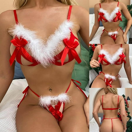 

RPVATI 2 Piece Sexy Babydoll Lingerie for Women Feather Lace Bodysuit Christmas Bra and Panty Sets Red L
