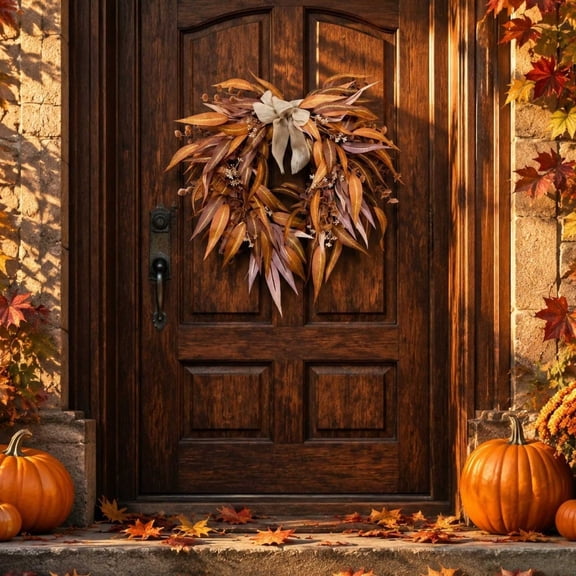 Bcylexb Fall Leaf Wreaths for Front Door, 15.7" Artificial Fall Hanging Wreaths with Burlap Bow Rustic Farmhouse Decor for Wall Window Entryway