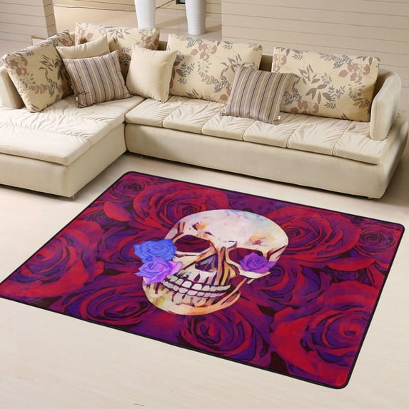 DouZhe Red Rose Skull Pattern Area Rugs Non-Slip Machine Washable Floor Mat, Modern Style Carpet Doormat, 63x48 inches