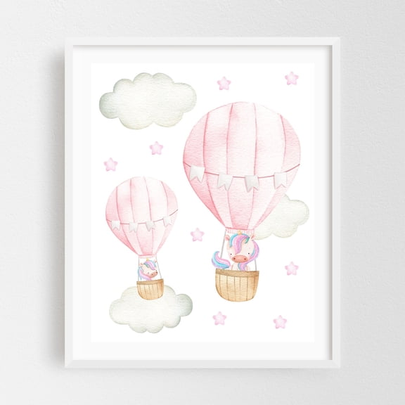 Pink Hot Air Balloon, Magic Unicorn, Stars, Girl Nursery - Illustration Hot Air Balloon Watercolor Whimsical Pastel Fantasy White Framed Wall Art Print 9 x 12 inches