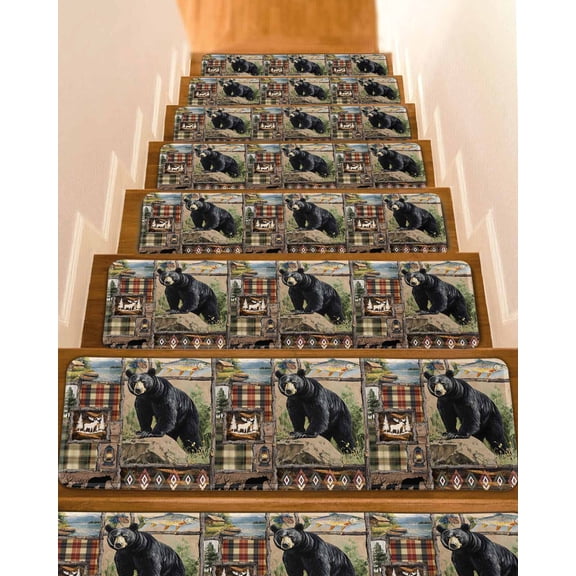 Stair Treads for Wooden Steps,Vintage Black Bears Peel and Stick Stair Treads with Adhesive,Abstract Country Plaid Fish Retro Non Slip Indoor Stairs Runner Rugs Mats for Elders Dogs 8"x30" 4PCS