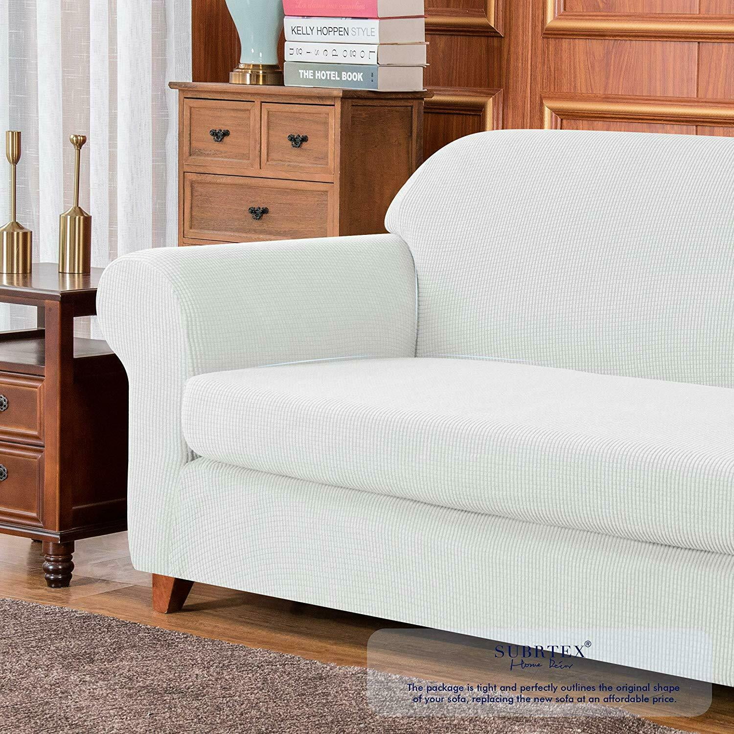 Subrtex Stretch 2-Piece Textured Grid Sofa Slipcover Jacquard Non Slip Couch Cover (Off-White, Armchair)