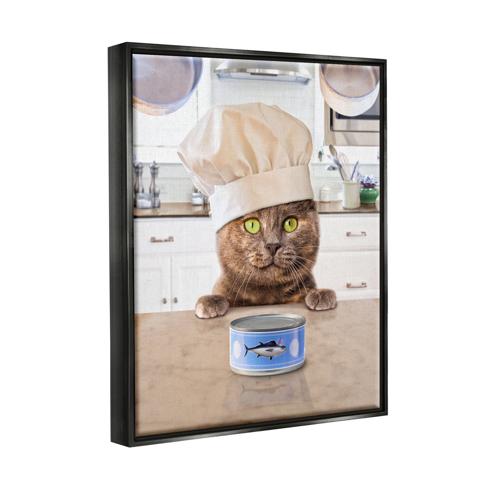 Stupell Industries Cat Chef & Tuna Can Animals & Insects Painting Black Floater Framed Art Print Wall Art, 25 x 31