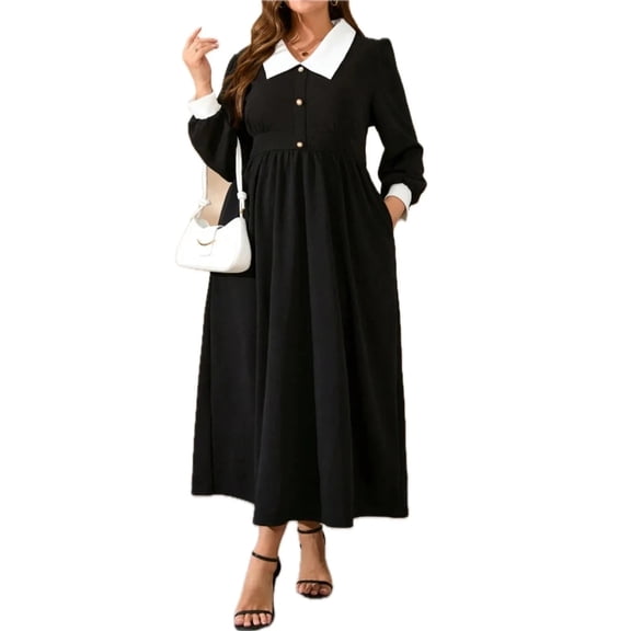 Women's Plus Size Contrast Collared Neck Long Sleeve Midi Dress with Polyester 100% Fabric For Everyday Casual Wear
