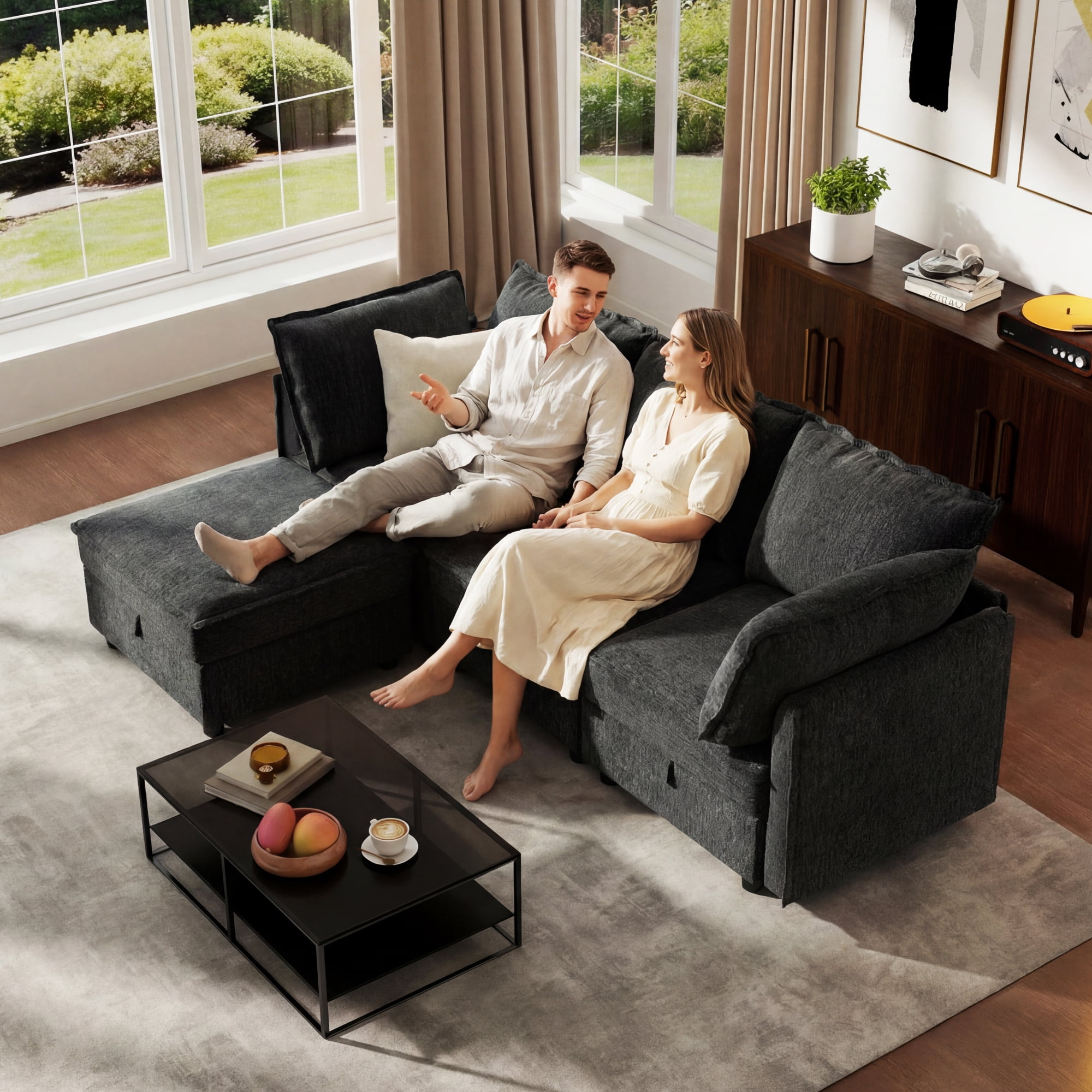 BedLuxury 97" Modular Sectional Sofa with Storage, L-Shaped Modern Sofa Couch with Movable Ottoman for Living Room, Office, Dark Gray