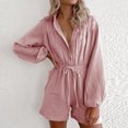 thumbnail image 2 of Women's Summer Long Sleeve Shorts Romper Solid Color Drawstring Botton Down Loose Casual Jumpsuits with Pockets, 2 of 6
