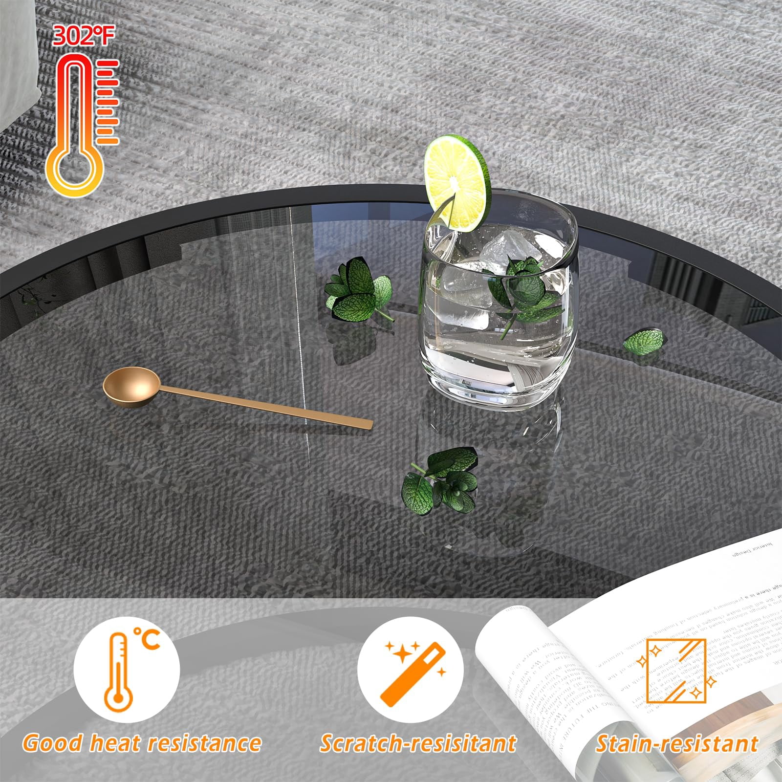 Glass Coffee Table Modern Center Table,Minimalist Round Coffee Tea Table,Tempered Glass-top with Sturdy Metal Frame for Living Room Bedroom Office and Small Space, 27 x 27 x 17 Inch,Gray Black