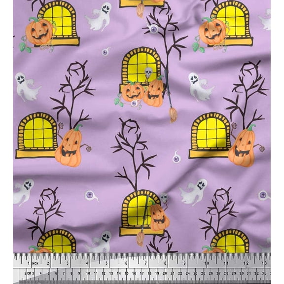 Soimoi Silk Fabric Haunted House,Pumpkin & Ghost Halloween Printed Fabric 1 Yard 42 Inch Wide