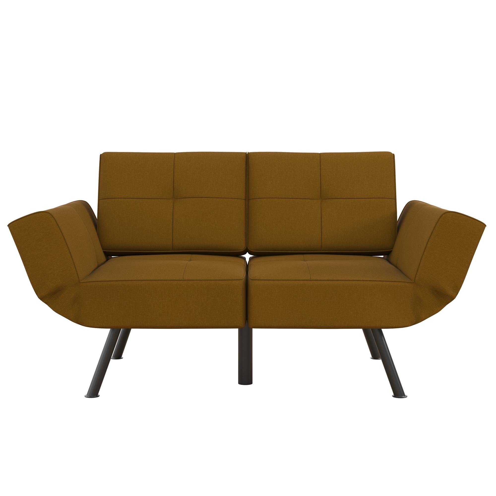 RealRooms Euro Upholstered Loveseat Futon with Storage Pockets, Mustard