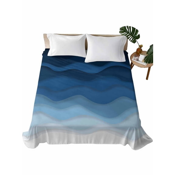 King Size Flat Sheet Only, Navy Blue Ombre Soft Brushed Microfiber Bed Sheets, Modern Moire Wave Gradient Hotel Quality Breathable Bedding Top Sheet, Easy Care, 105"x98"