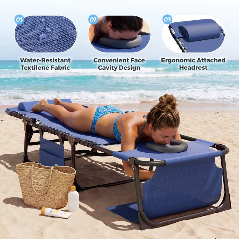 Lacoo Teslin Foldable Lounge Chair, Outdoor Chaise Lounge with Sauna, 5-Position Adjustable Beach Chair, Blue