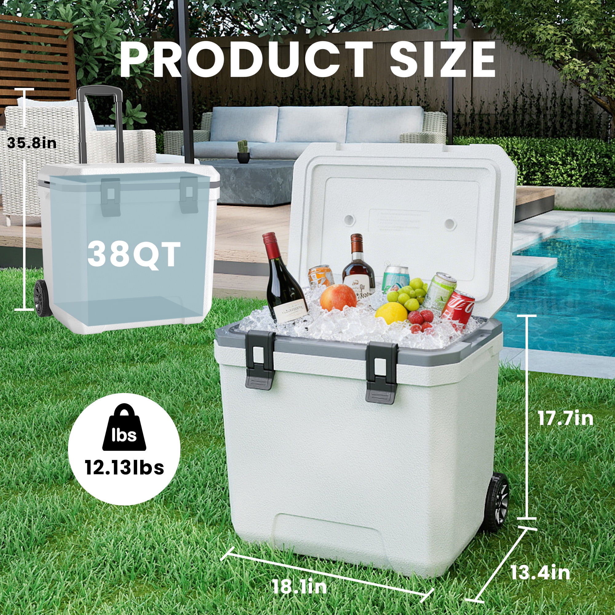 38QT Insulated Portable Cooler Box,Hard Sided Shell Wheeled Rolling Ice Chest with Handle,for Outdoor Camping Travel Car