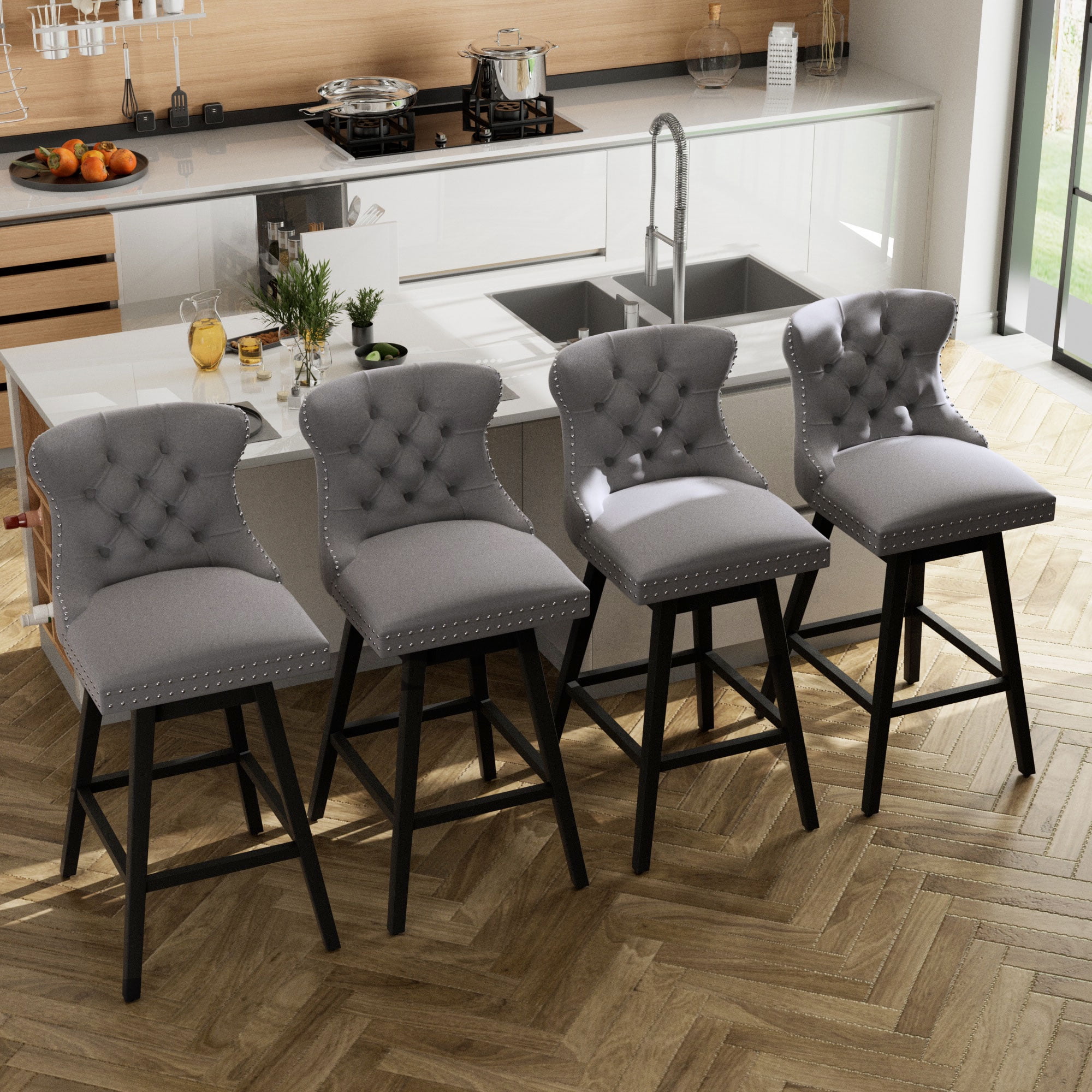 TEWLOSS 26" Swivel Counter Height Bar Stools Set of 4, Gray Velvet Kitchen Stools with Back
