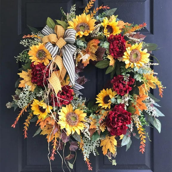 Harpi Spring Wreaths for Front Door Clearance, Greenery Summer Wreath, Wreath Simulation Maple Leaf Sunflower Door Hanging Rattan Wreath Home Decoration