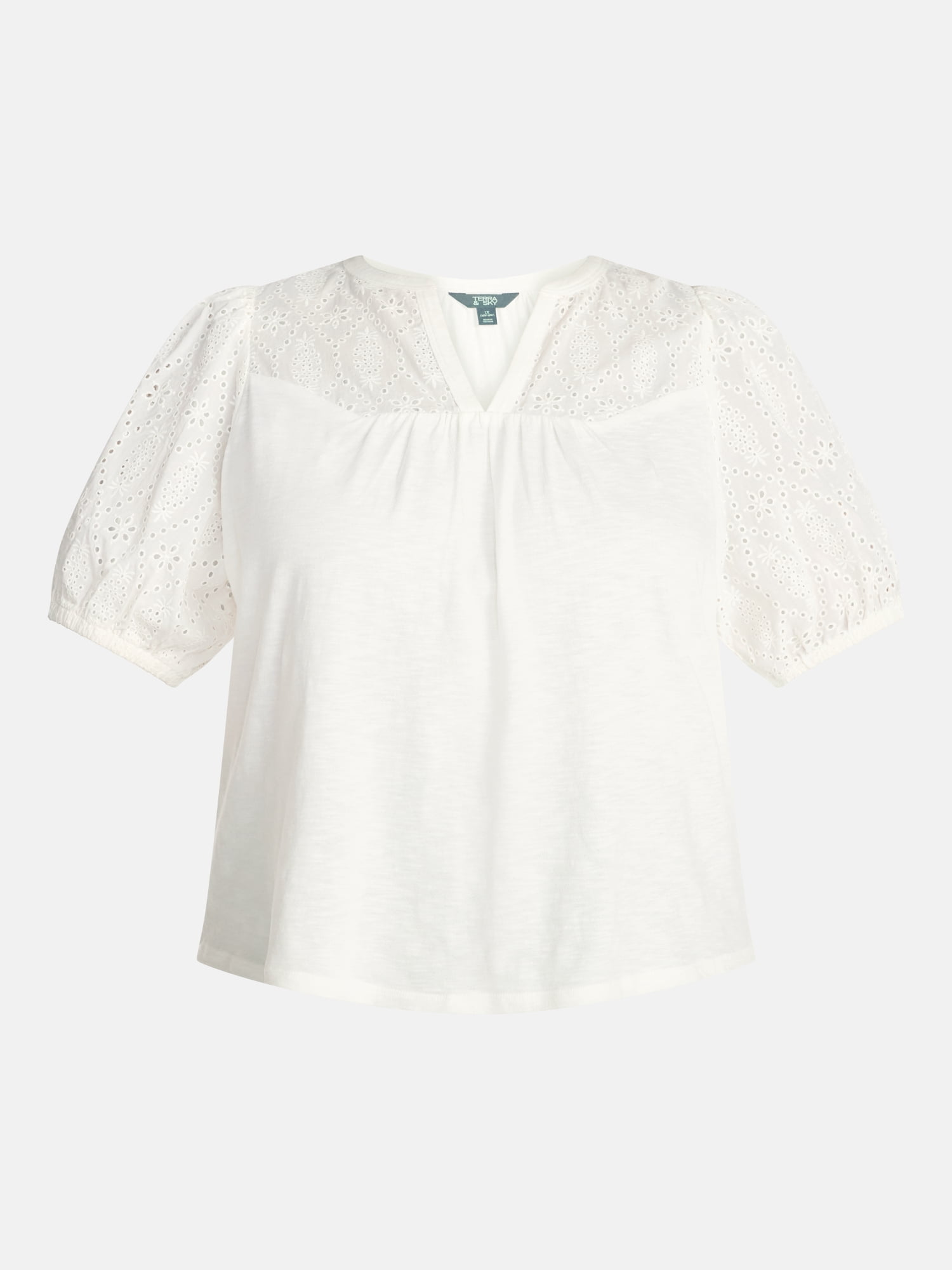 Terra & Sky Women's Plus Eyelet Yoke Top with Short Puff Sleeves, Sizes 0X-5X