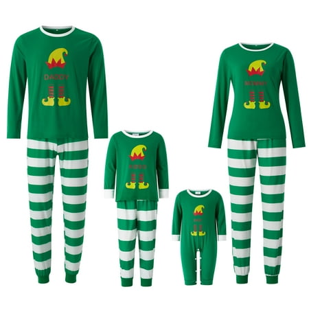 

Christmas Pajamas Matching Set Green Cartoon Graphic Top+Striped Pant Sleepwear Outfit for Adult Kids Infant