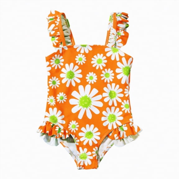 NOLDARES Toddler Girls Cartoon One Piece Bathing Suit Beach Swimwear for Little Ones(Orange,18-24 Months)