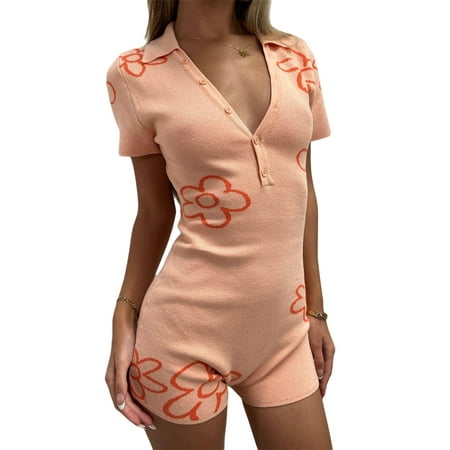 

Canrulo Women Casual Jumpsuit Short Sleeve Button Down V Neck Romper Overalls Bodycon Bodysuit Pink L