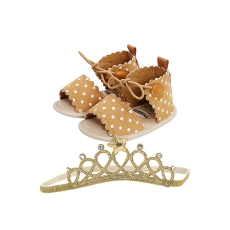 

Newborn Baby Girls Summer Sandals and Headband Set Cute Lace Up Mary Jane Flats and Shiny Crown Hairband