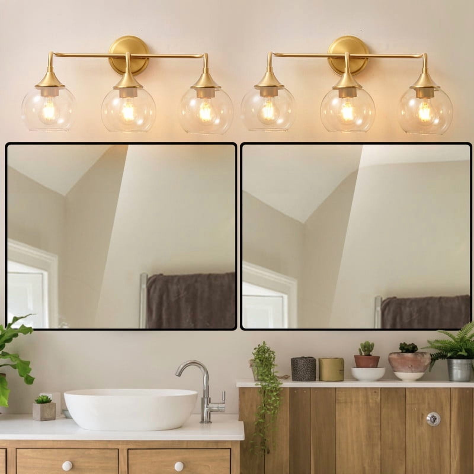 Bathroom Light Fixtures 3 Light Bathroom Vanity Light with Clear Glass Shade, 22 inch Bathroom Light Fixtures Over Mirror, Black and Gold Vanity Lights for Bathroom (Exclude E26 Bulb)