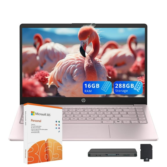 HP Stream 14" Ultra-Light Laptop for Students & Business, Intel Processor N150, 16GB RAM, 288GB Storage(128GB UFS 160GB Docking Station Set), 1 Year Office 365, Wi-Fi 6, Copilot AI, Win 11, Pink