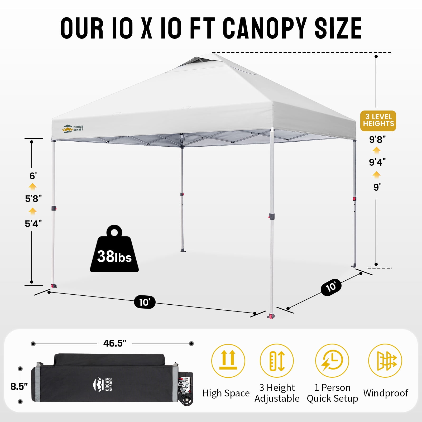 CROWN SHADES 10x10 Pop Up Canopy Tent with One Push Setup Easy Outdoor Sun Shade for Events, Parties, Camping White