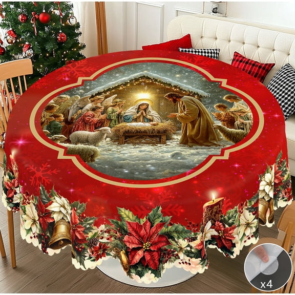 KOPOEELK Nativity Poinsettia Round Tablecloth, 60 in Round Christmas Dining Decor