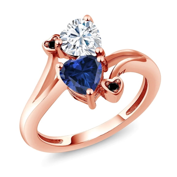 Gem Stone King 18K Rose Gold Plated Silver White Moissanite Blue Created Sapphire and Black Diamond Ring for Women (1.63 Cttw, Heart Shape 6MM, Gemstone Birthstone, Size 9)