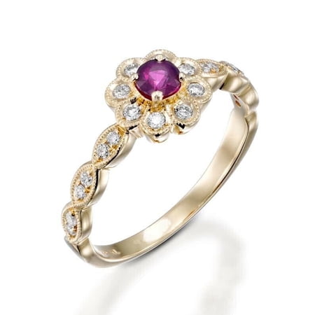 HeartsAndYou 2ct Natural Ruby Diamond Flower Solitaire with Accent Ring 14k SOLID Yellow Gold