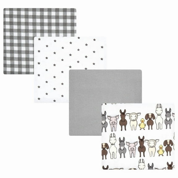 Hudson Baby Cotton Flannel Receiving Blankets, Farm Friends Grey, One Size