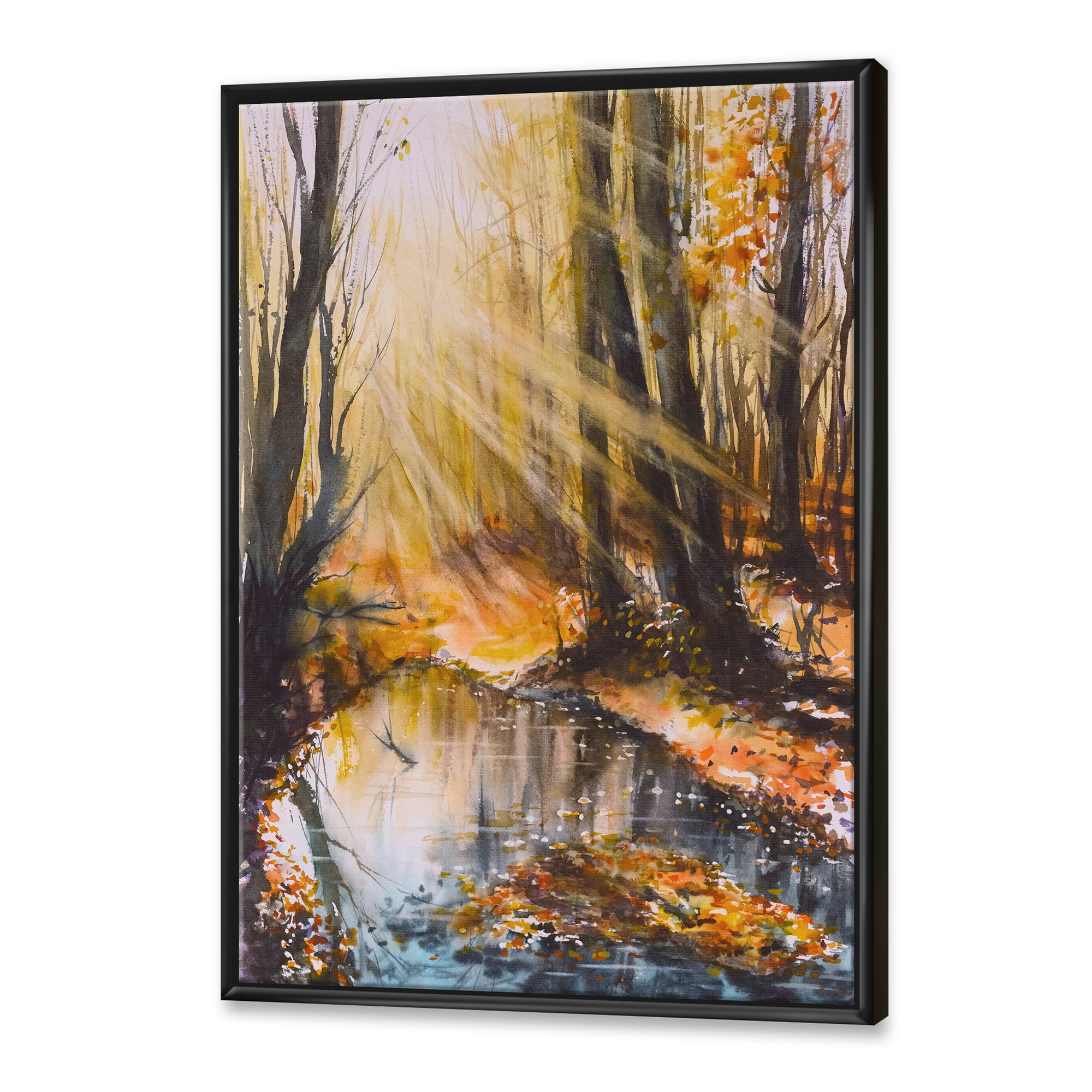 Designart 'Bright Sunshine Through The Brown Forest Trees' Lake House Framed Canvas Wall Art Print