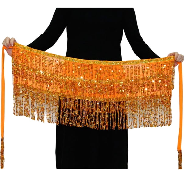 Sonducket a la cadera de moda, bufanda Retro con borlas, hermosa envoltura multicolor, ropa de baile, diamantes de imitación brillantes, disfraz Prendas para la parte inferior del cuerpo Naranja