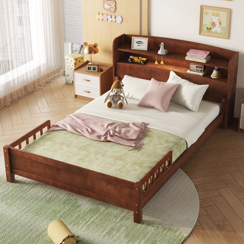 Full Size Bed Frame with Storage , Wood Full Bed with LED Lights and Storage Headboard, Full Size Platform Bed with Slats Support ,No Box Spring Needed, Walnut