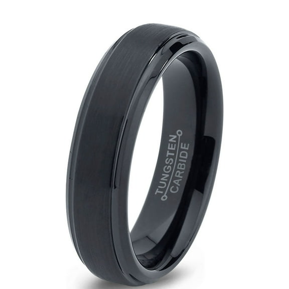 Charming Jewelers Tungsten Wedding Band Ring 6mm for Men Women Comfort Fit Black Beveled Edge Brushed Lifetime Guarantee