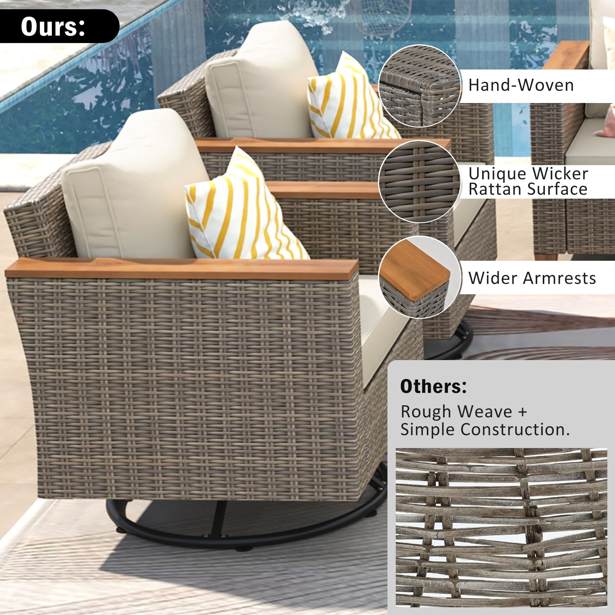 AENKYO 8-Piece Wicker Patio Furniture Set, Sectional Sofa w/ 360° Swivel Rocker Chairs & Acacia Storage Table, Beige