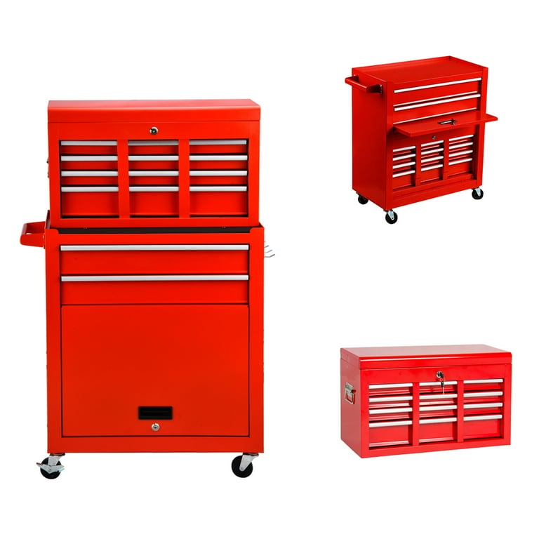 2-IN-1 Tool Chest & Cabinet, Large Capacity 8-Drawer Rolling Tool Box  Organizer with Wheels Lockable, Red