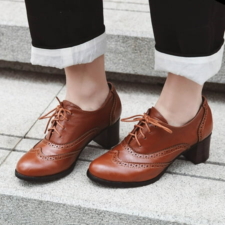 

〖Yilirongyumm〗 Brown 42 High Heels For Women Solid Color Heel Women s Round Laceup Thick Casual Highheel Toe Shoes Women s High Heels